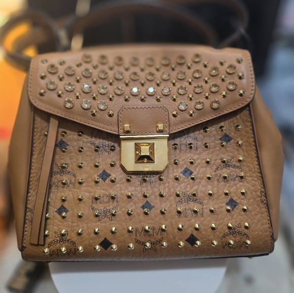 MCM Swarovski crystal-studded handbag in a cognac Visetos coated canvas main image 2